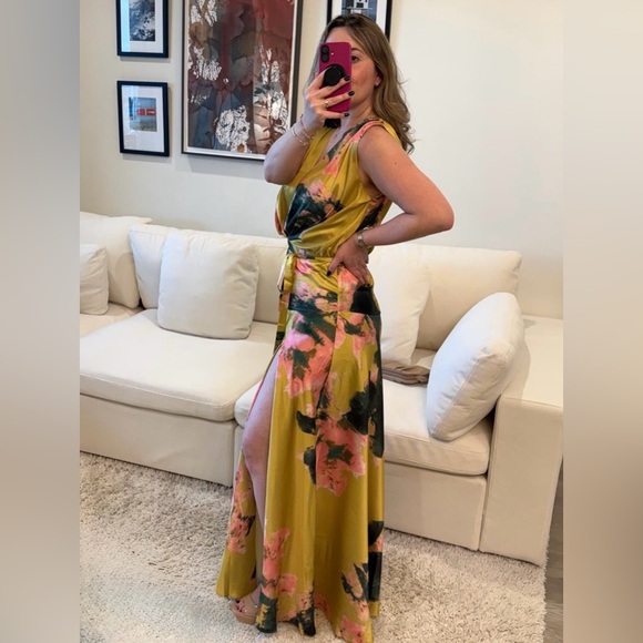 Lime Green Floral Satin Maxi Dress High Slit Wedding Guest (Medium) - Picture 6 of 7